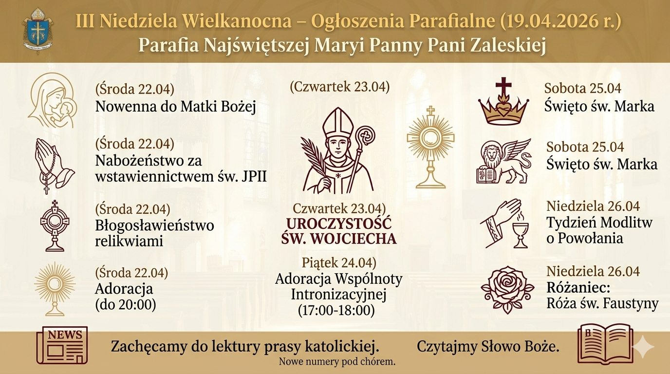 Ogłoszenia parafialne  II Niedziela Wielkanocna – Niedziela Miłosierdzia Bożego 12 kwietnia 2026 r.
