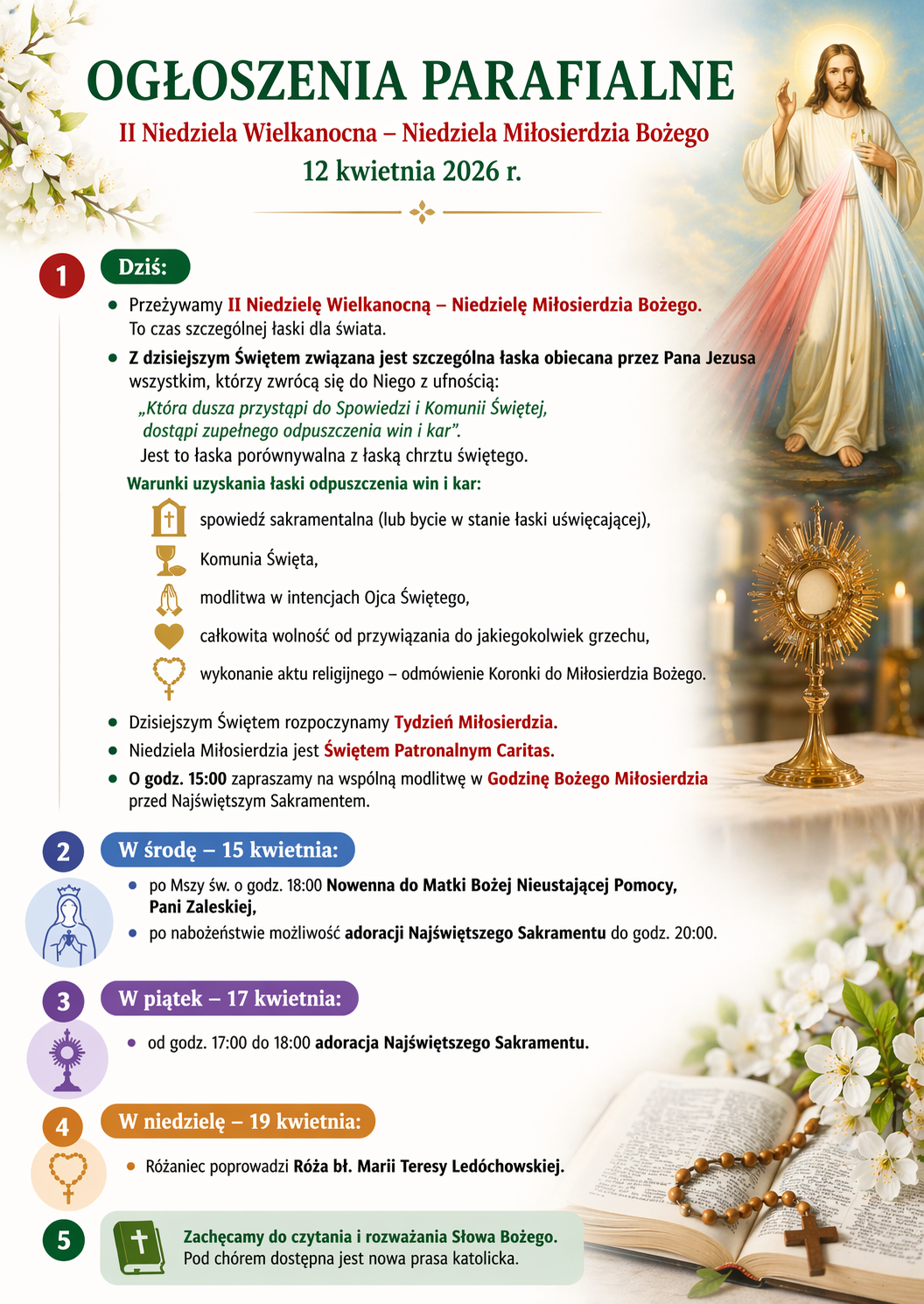 Ogłoszenia parafialne  II Niedziela Wielkanocna – Niedziela Miłosierdzia Bożego 12 kwietnia 2026 r.