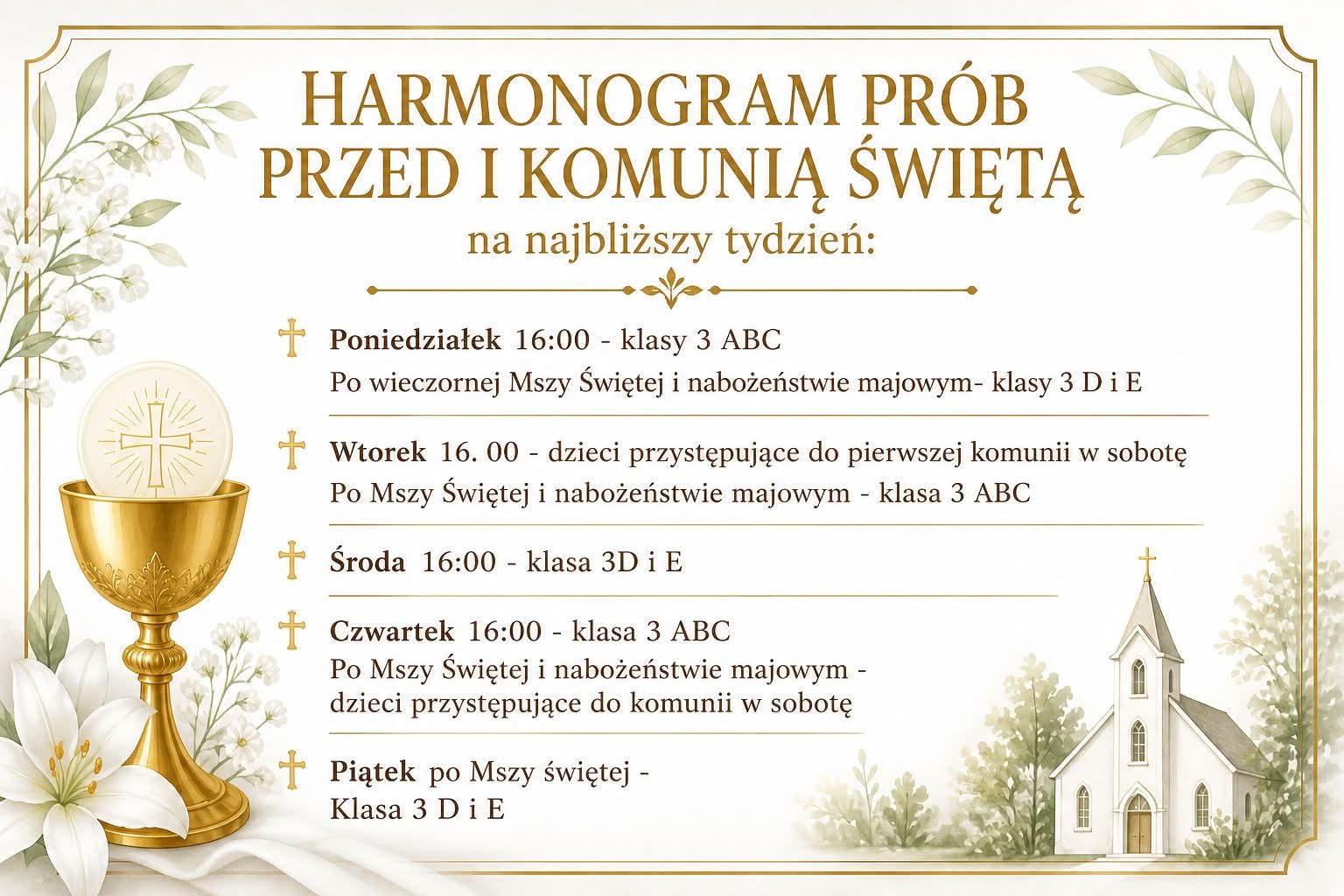 Harmonogram prób przed I Komunią Świętą